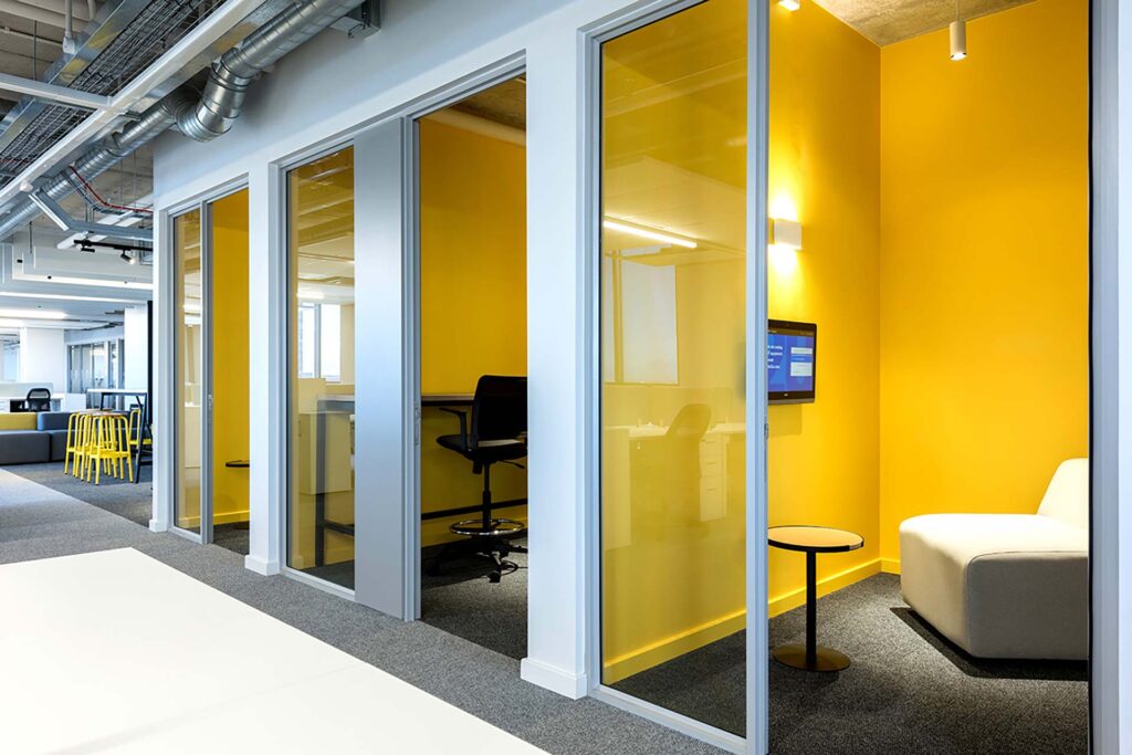 Yellow private meeting cubicles in 2U office in Cape Town