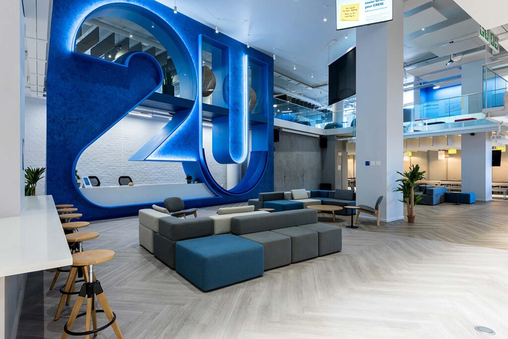 Main reception area in open-plan 2U workspace in Cape Town