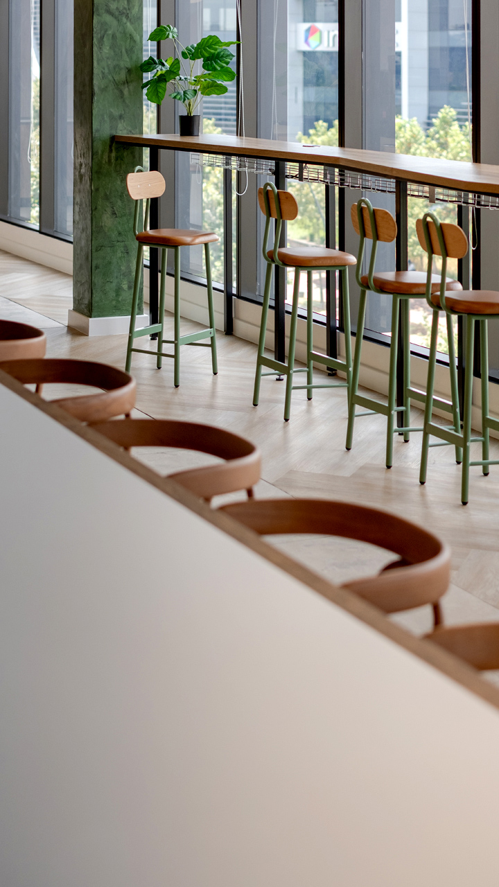 High tables with bar stool seating in BASF canteen area