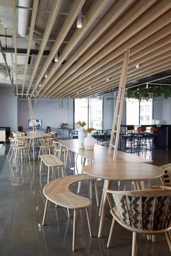 Canteen area with wooden benches, ladder features and wooden ceiling panels in BCG office