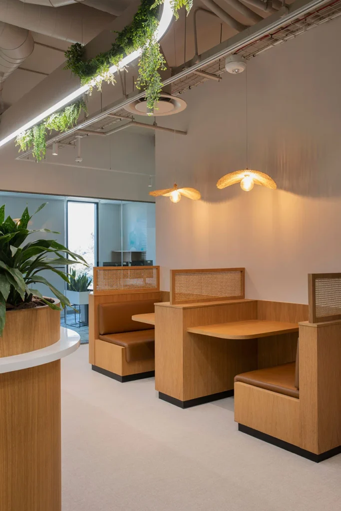 Canteen with wooden booth seating in European Investment Bank office in Johannesburg