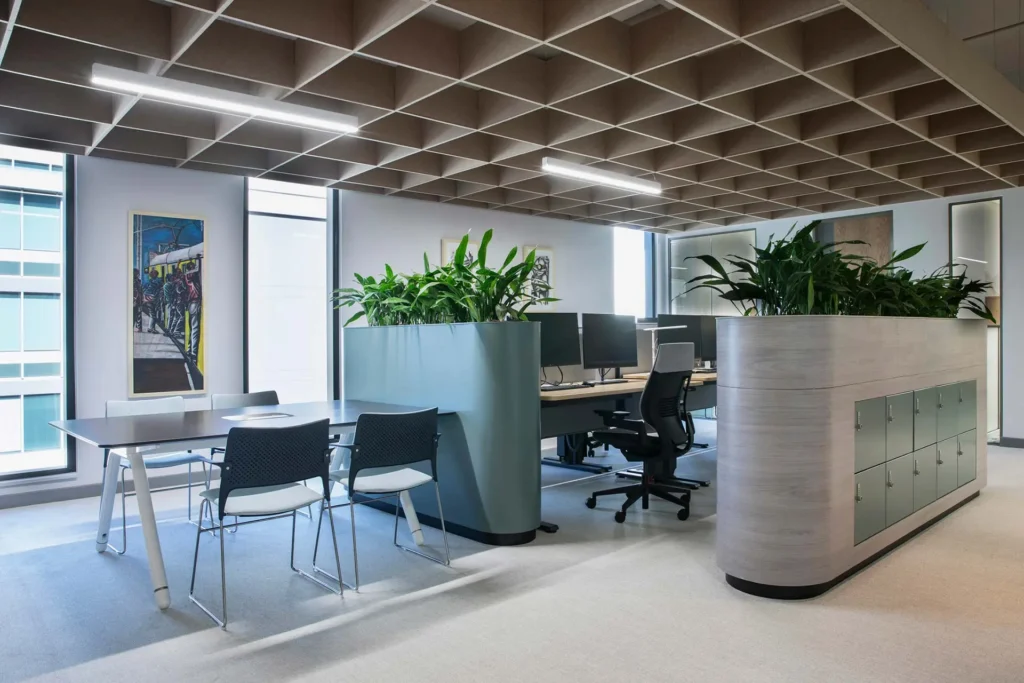 Workstations with lockers in European Investment Bank office in Johannesburg