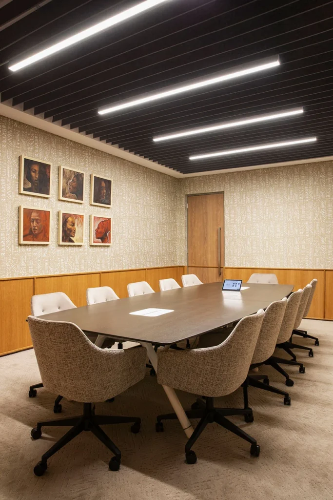 Boardroom with custom furniture, panel ceiling, integrated lighting in European Investment Bank office in Johannesburg
