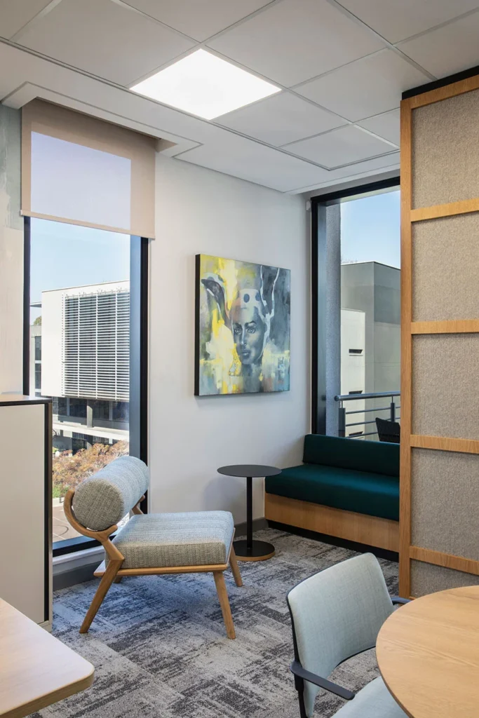 Visitor seating area with chairs in European Investment Bank office in Johannesburg