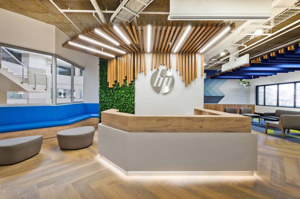 Reception area with linear LED pendant lighting for HP office in Johannesburg