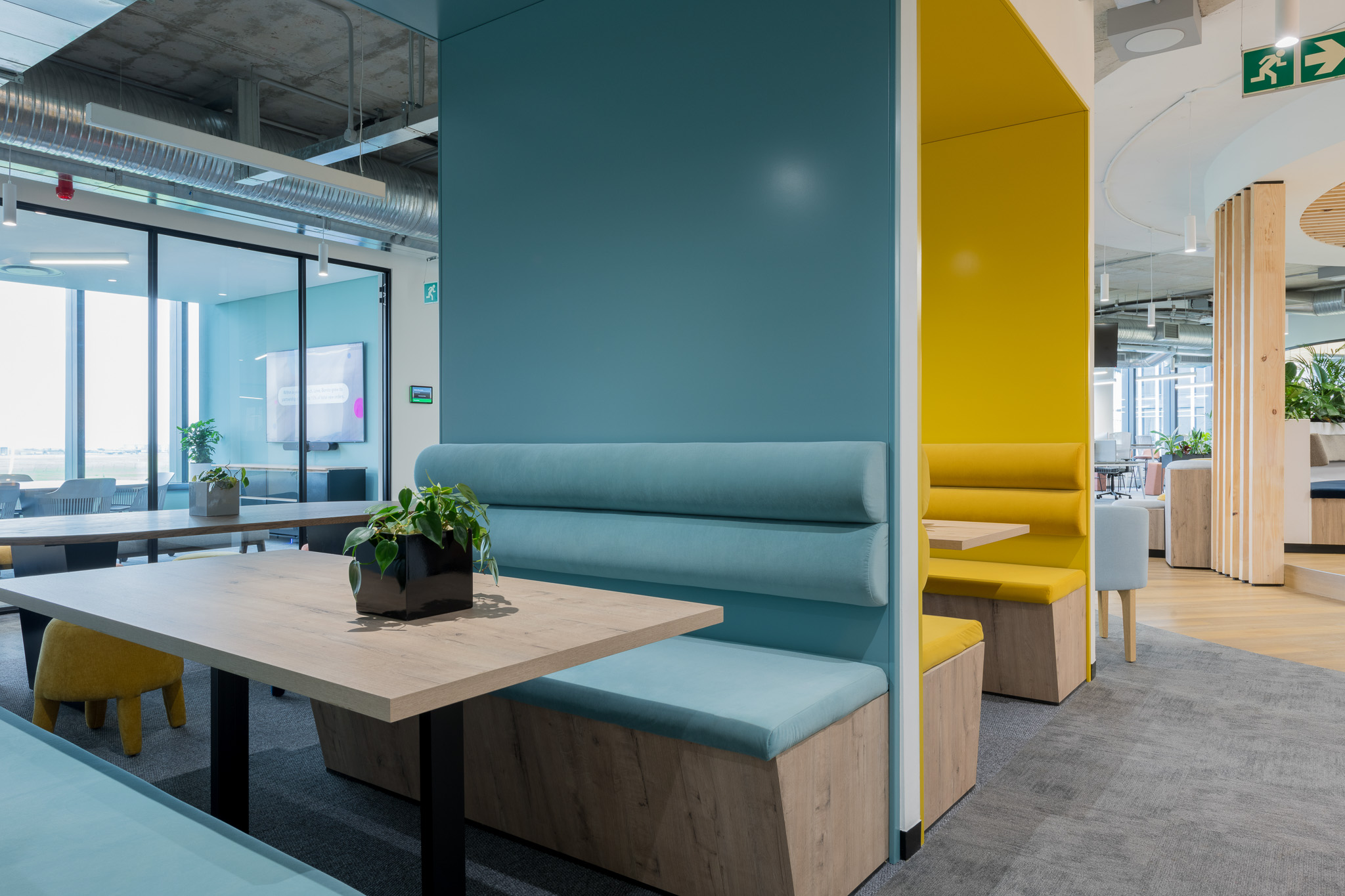 Colourful booth seating in Impact office in Cape Town