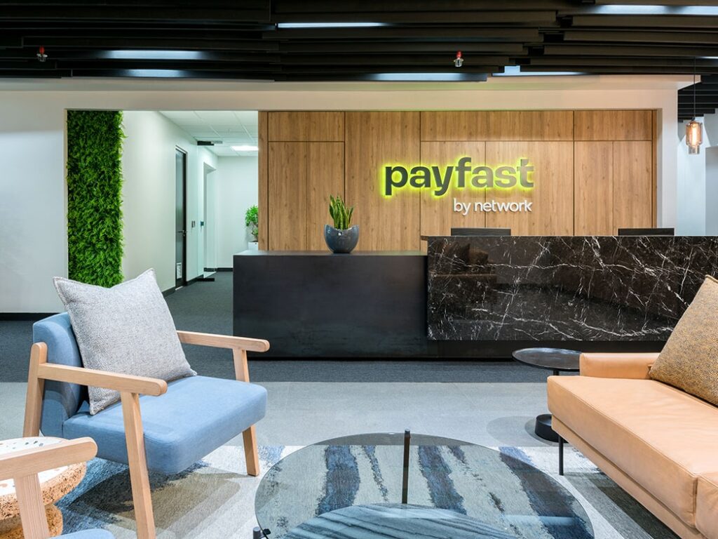 Reception area with seating in Payfast commercial office Cape Town
