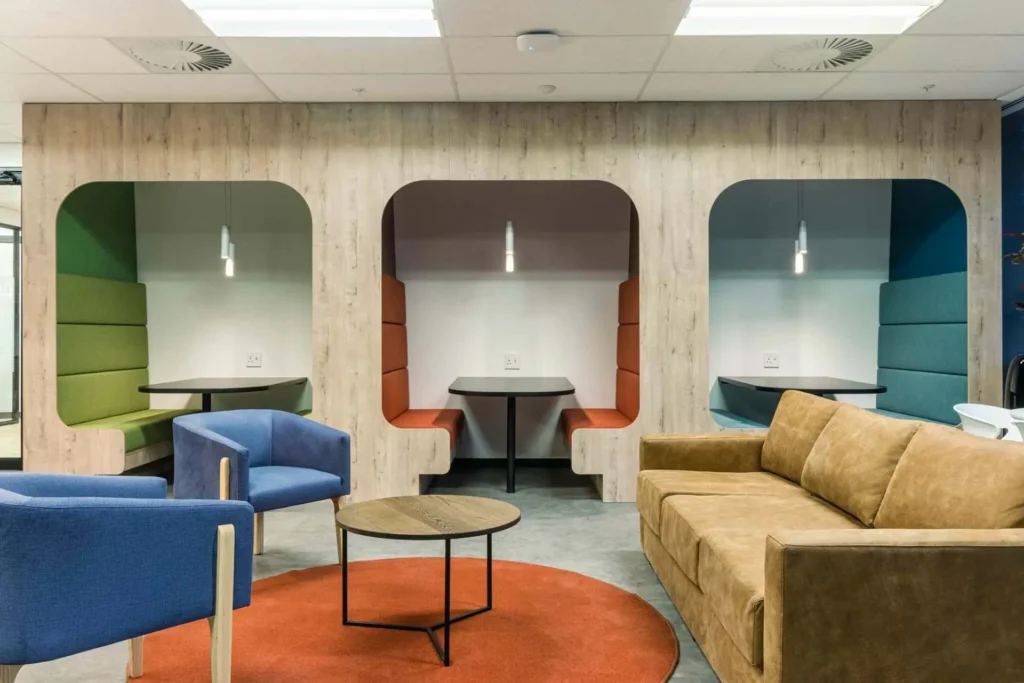 Colourful private booths in canteen area for PepsiCo commercial furniture in Cape Town