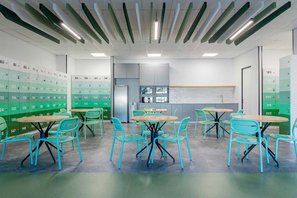 Canteen with tables chairs and lockers for private call centre office in Cape Town