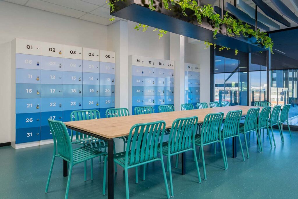 Long table with chairs and lockers for private call centre office in Cape Town