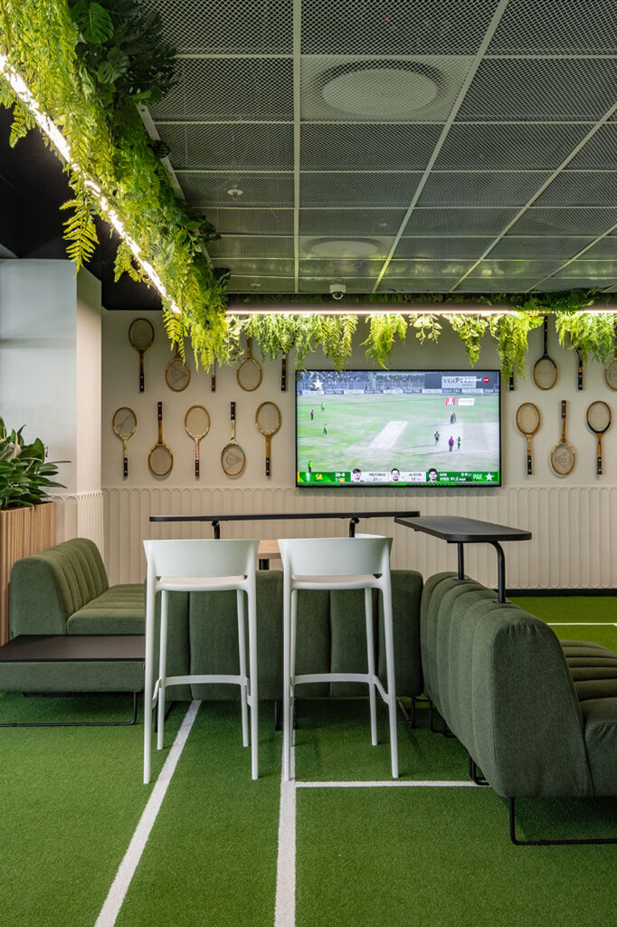 Sports themed canteen with hanging planters for private digital services client in Johannesburg