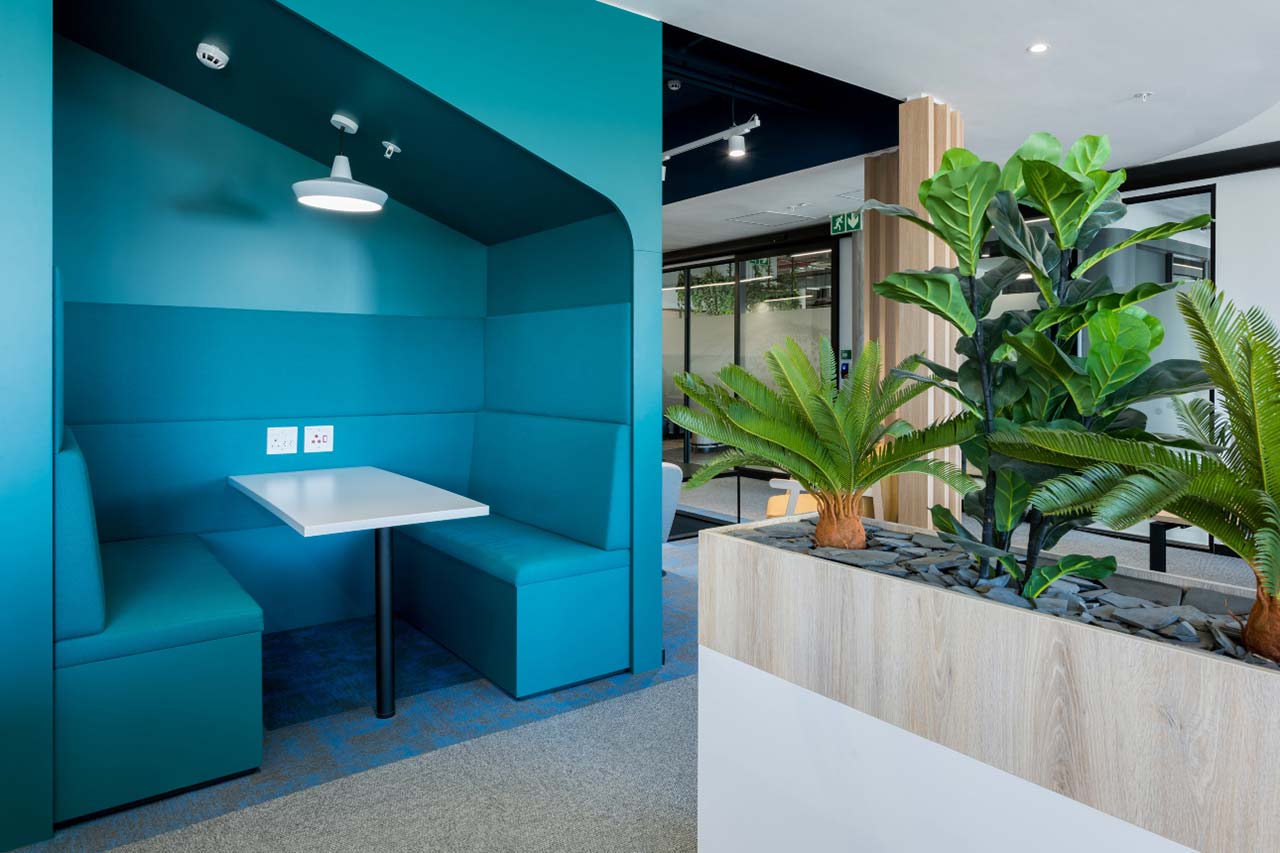 Colourful booth seating with acoustic panels and planters in Rubicon office in Cape Town