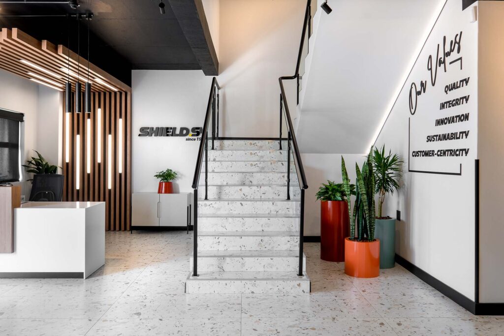 Reception area with staircase in Shield Chemicals office in Johannesburg