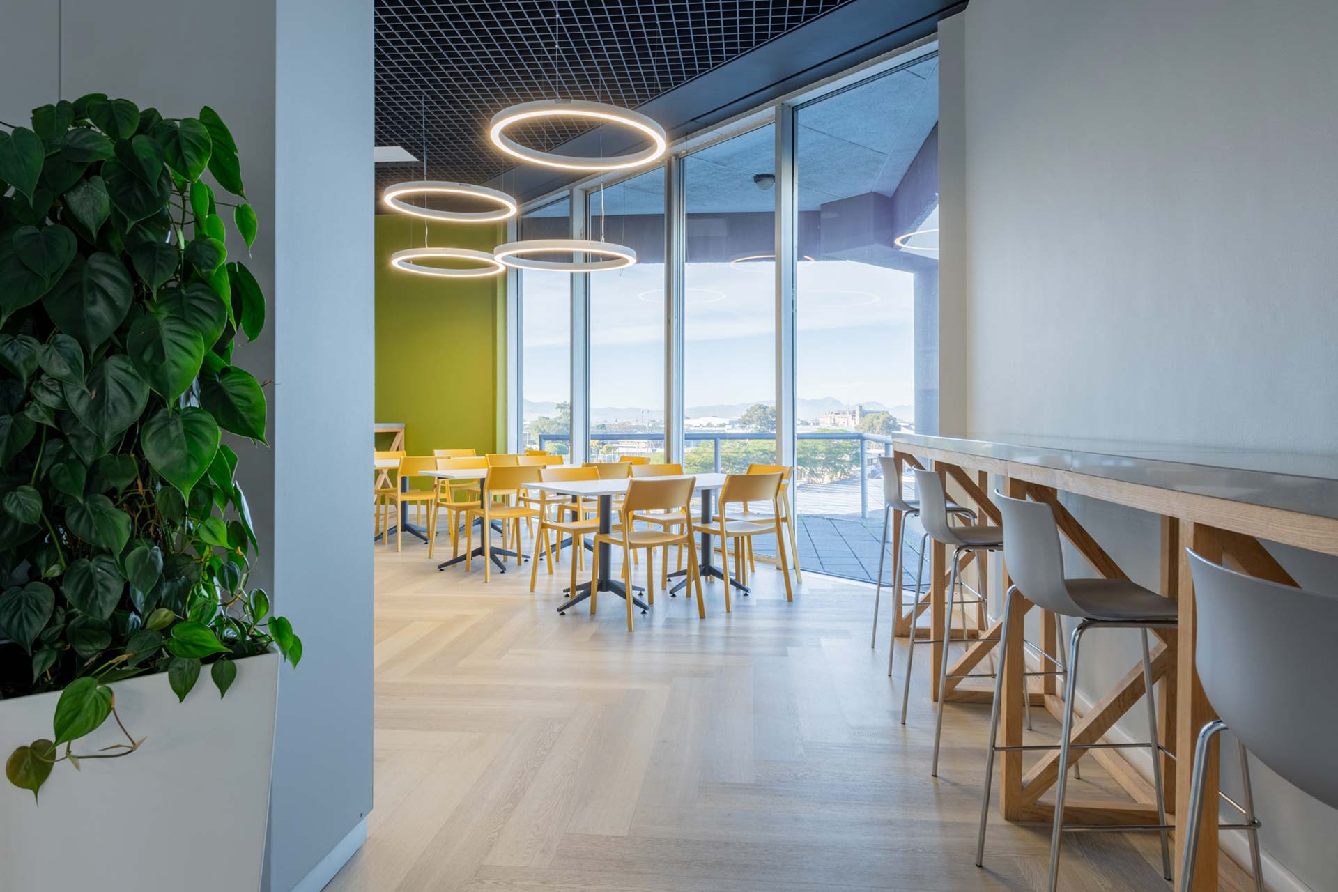sanlam fintech cape town canteen entrance with hanging pendant lighting