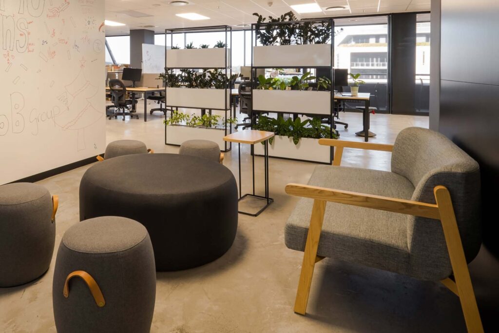BOB Group commercial office with modern ottomans in various sizes, flexible seating and contemporary hybrid furniture for collaborative workspaces