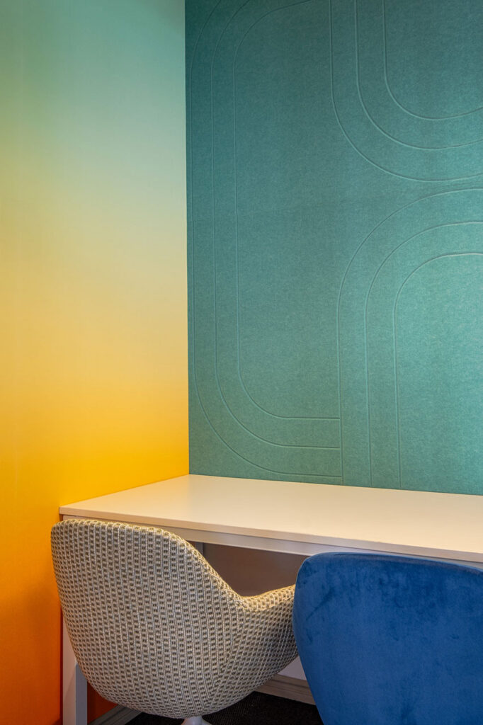 Cloud Ace's new office refurbishment, procured by Design Colab, included colorful, custom acoustic booths for training.