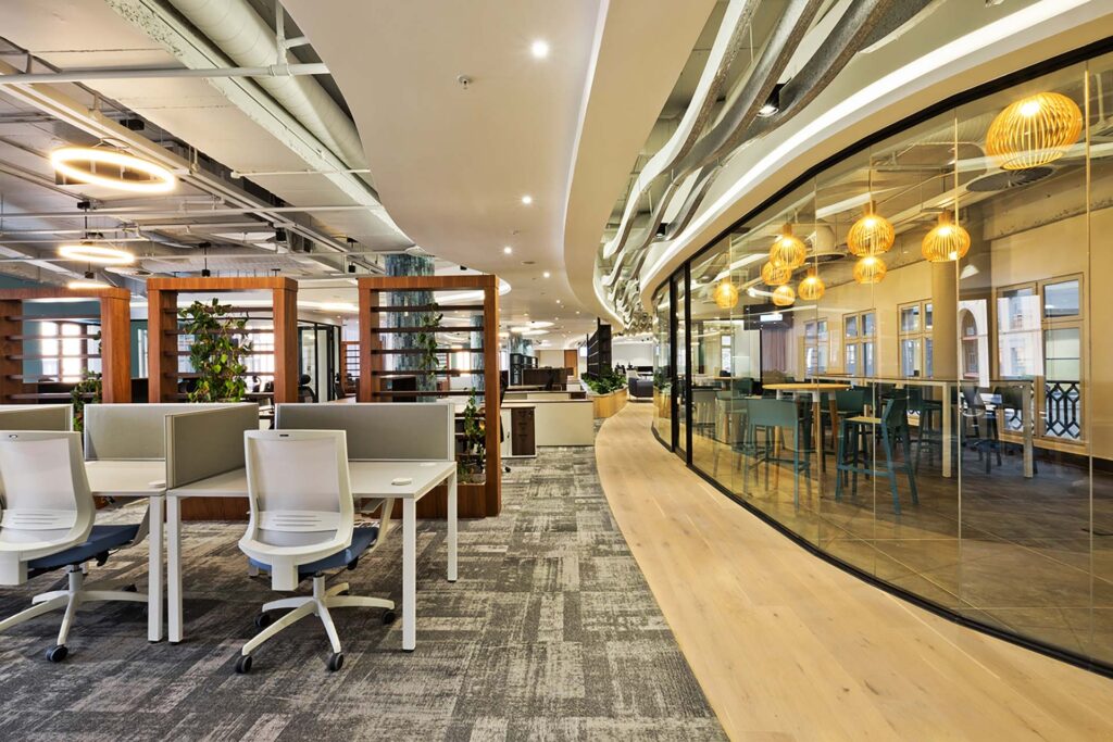 Liberty Sandton office with modern white desks, ergonomic chairs and contemporary workplace seating for a modern corporate environment