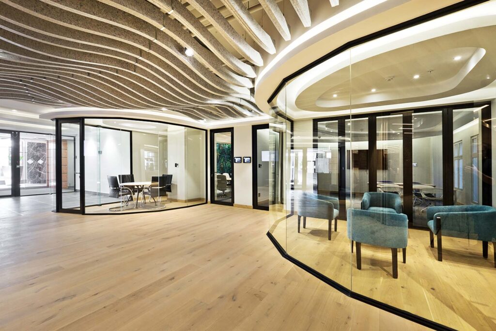 Liberty modern office with comprehensive FF&E furniture solutions for meeting rooms, reception areas and collaborative spaces, supplied by Design Colab