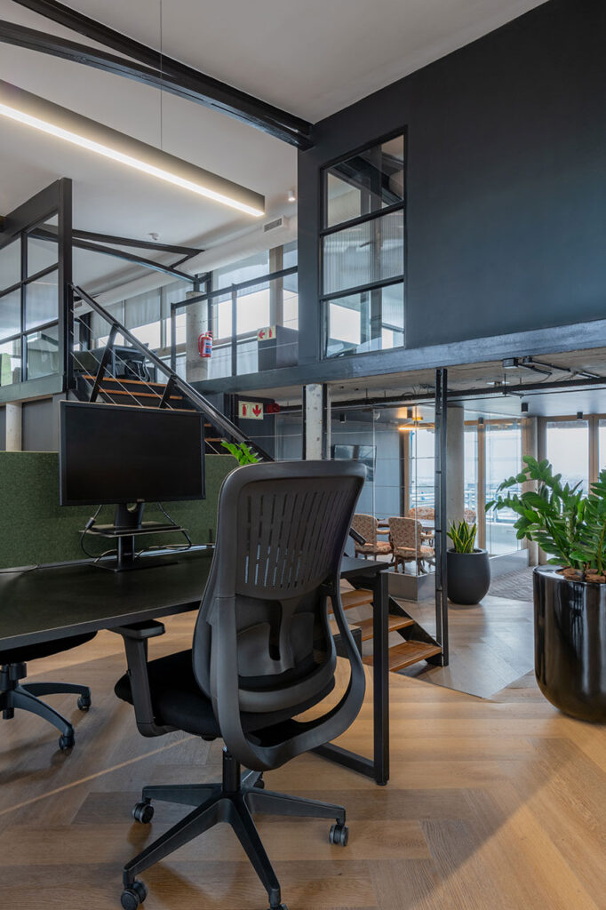Lion Capital Cape Town high-end workstations with ergonomic chairs and black shared desks, showcasing premium workplace furniture solutions