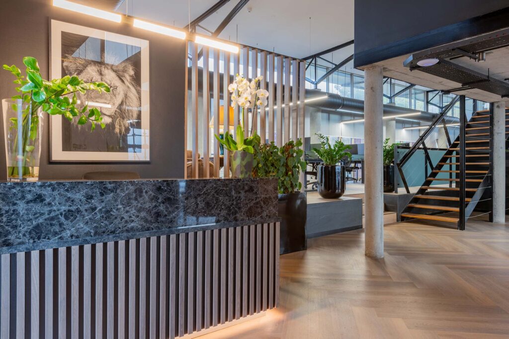 Lion Capital Cape Town office with modern custom reception desk, statement artwork and large potted plants, showcasing luxury furniture procurement
