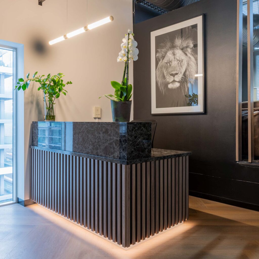 Lion Capital Cape Town office reception with marble-clad desk, statement artwork and refined entrance design, showcasing luxury furniture solutions
