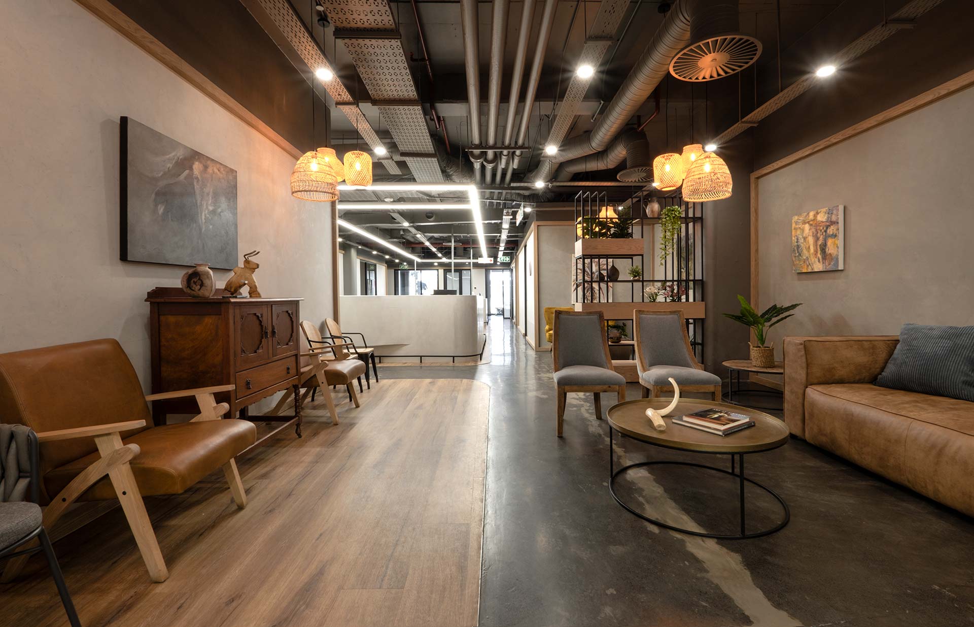 Modern leather furniture and decor for nephrology, including coffee tables.