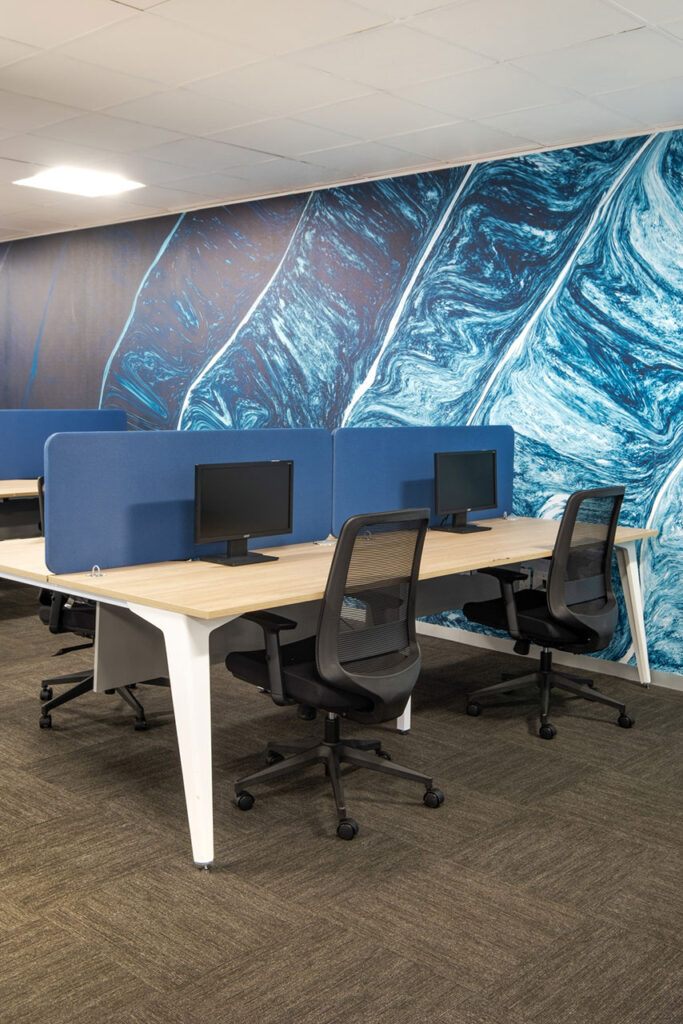 Sanlam Houghton modern modular workstations with ergonomic chairs, timber tops and white legs