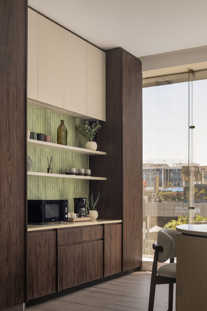 Soma Bay Cairo, Egypt office canteen with custom storage cupboards, shelving and contemporary décor, showcasing bespoke furniture solutions and FF&E procurement