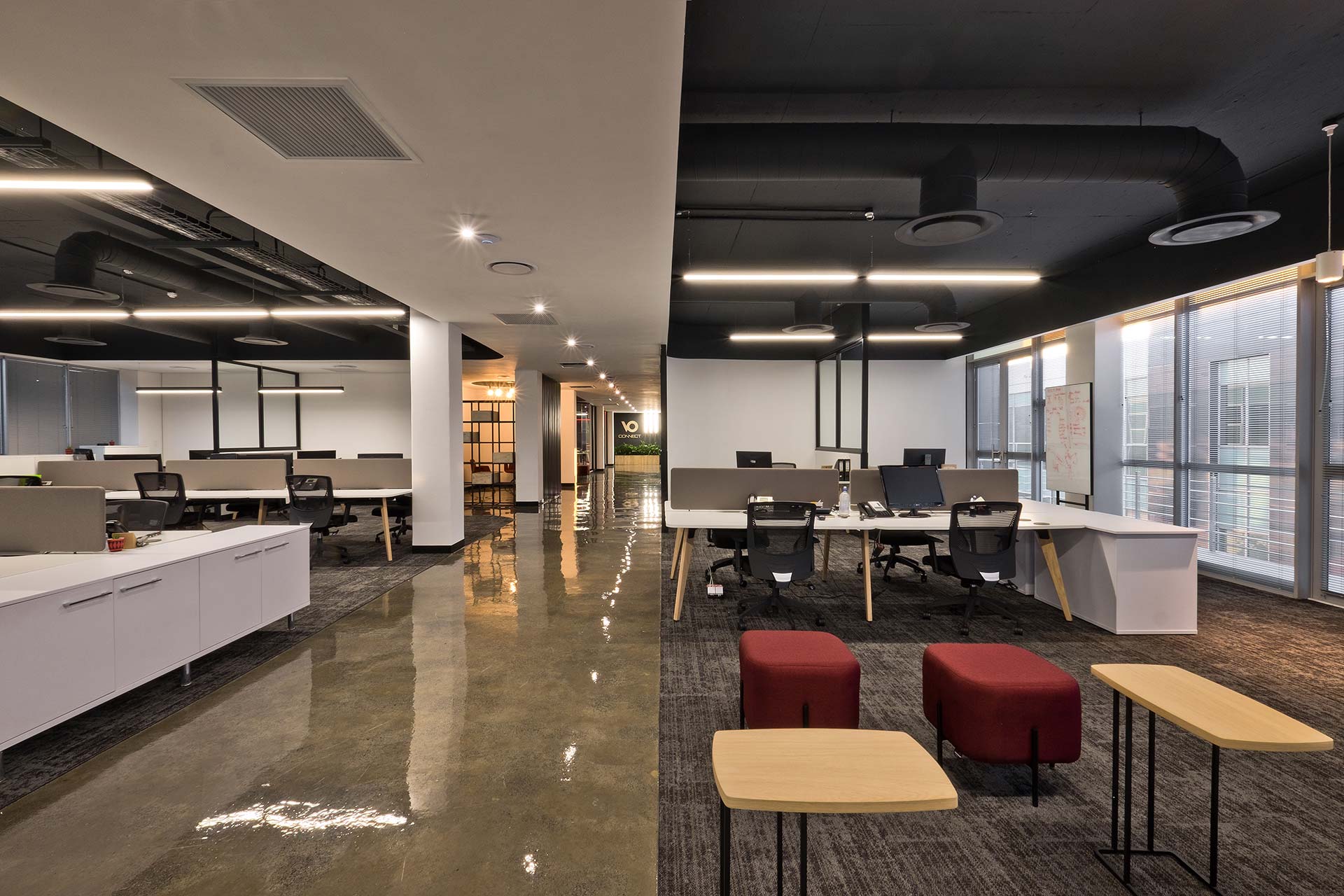 VO Connect open-plan hybrid workplace with flexible modern furniture, procured by Design Colab through specialist FF&E sourcing