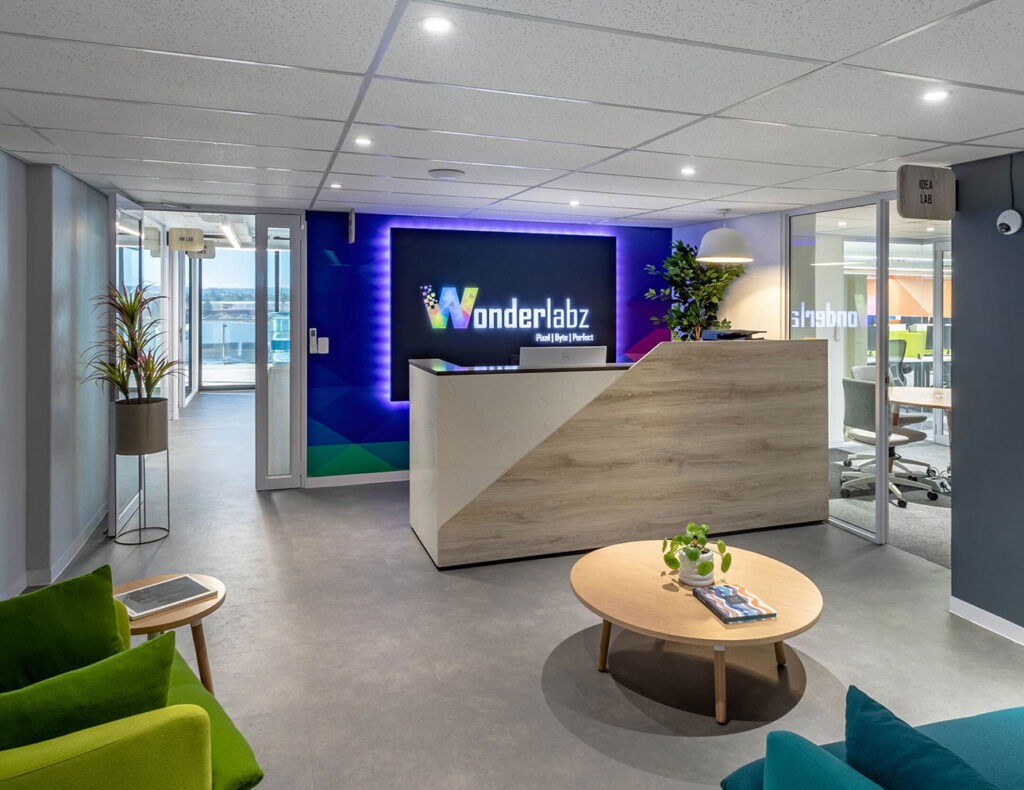 Wonderlabz Cape Town commercial office reception with custom desk design and contemporary reception furniture