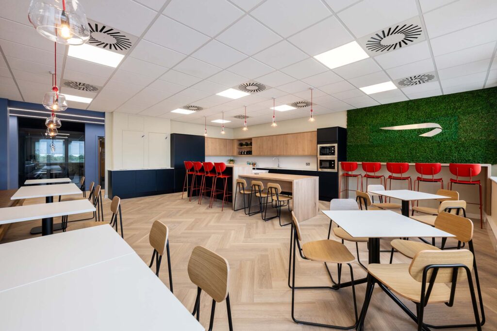 British Airways Euroflyer England office canteen with contemporary tables and chairs, showcasing large-scale office furniture procurement and FF&E solutions